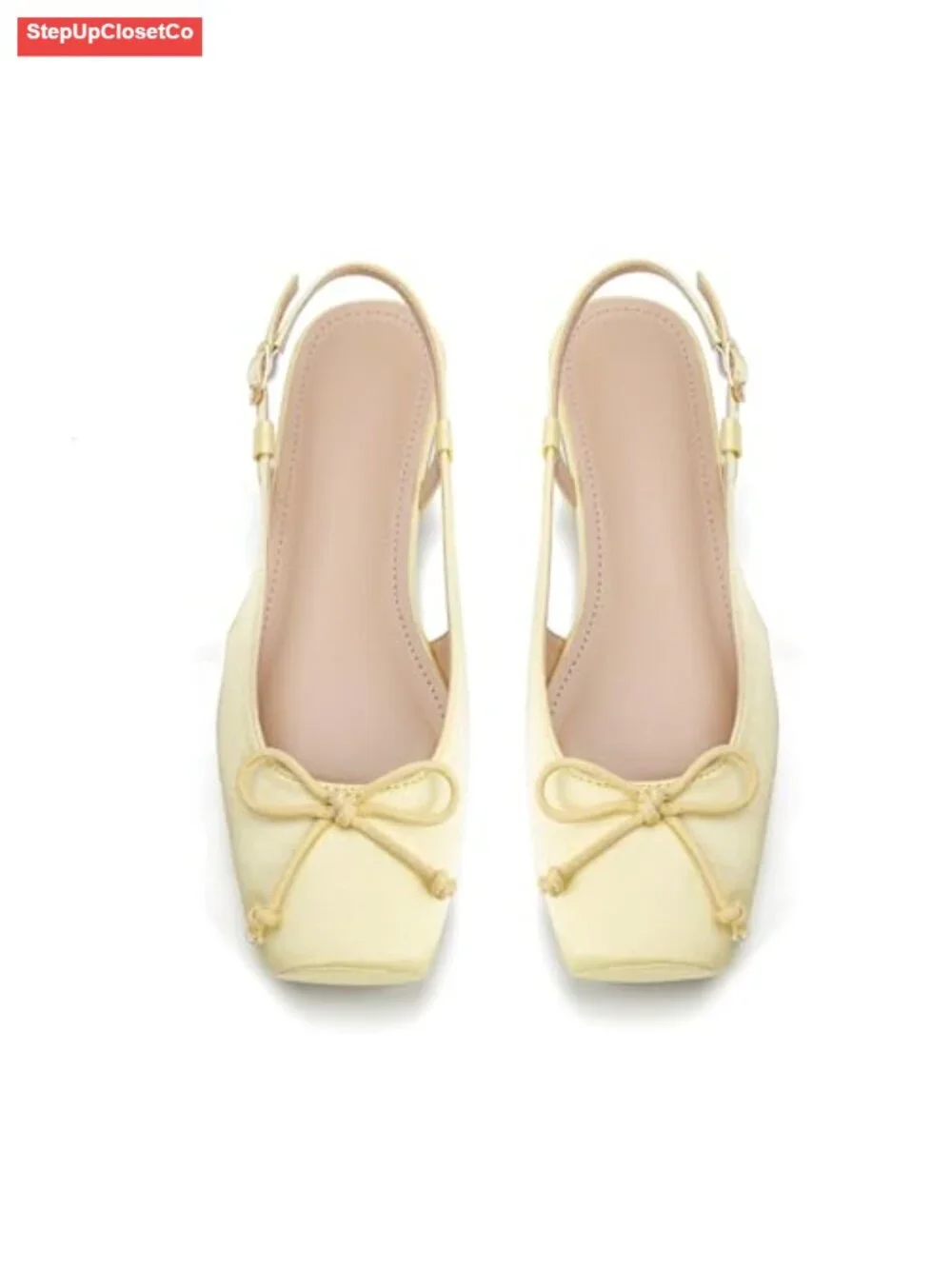 Women's Square Toe Bow Knit Ballet Flats with Ankle Buckles Satin